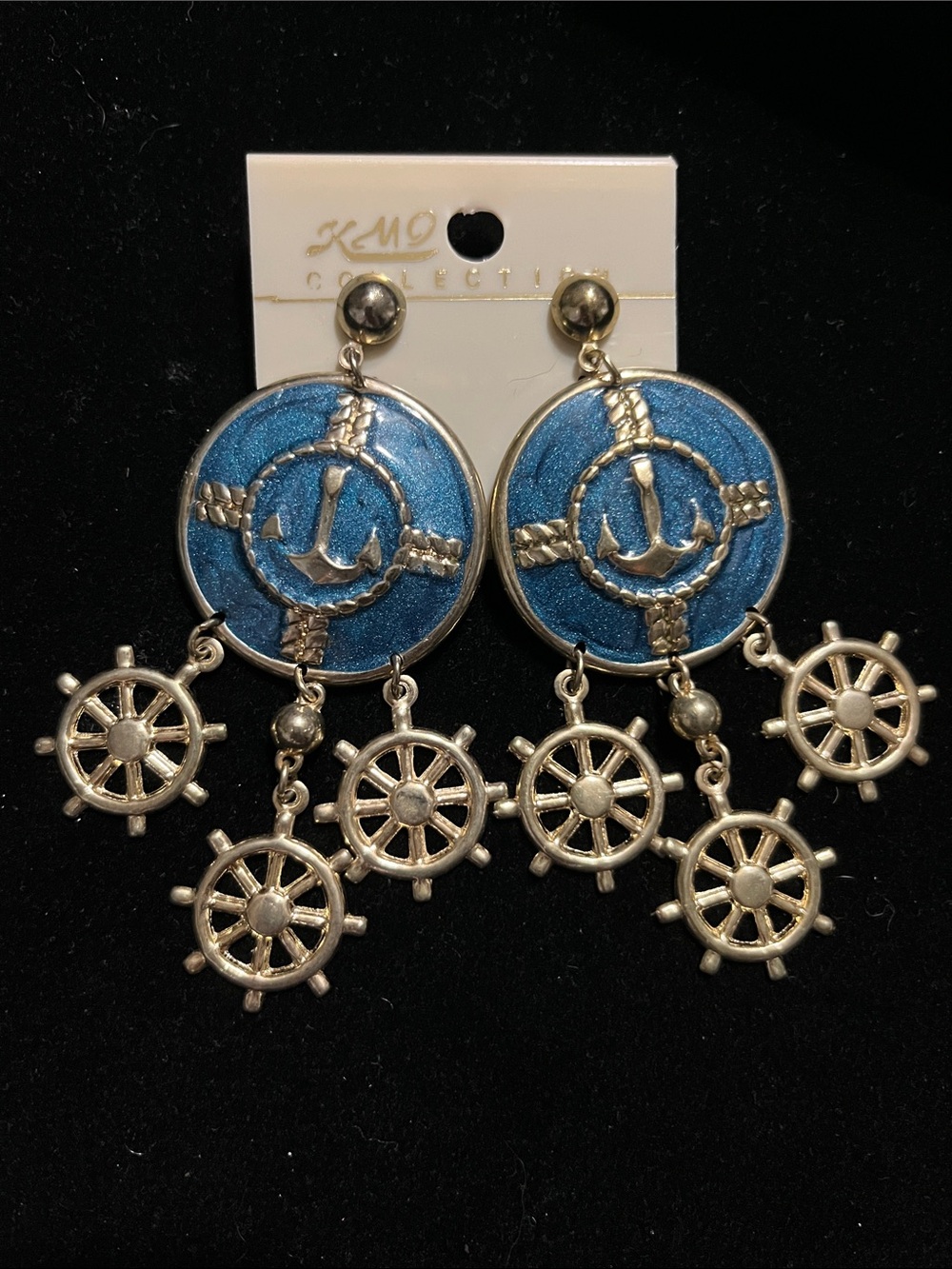 Kuo Collection Blue Nautical Wheel Dangle Earrings